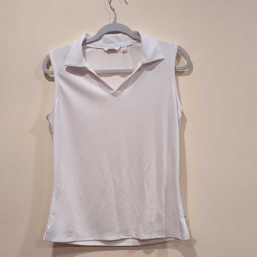 Lady Hagen White Sleeveless Collared Tank Top